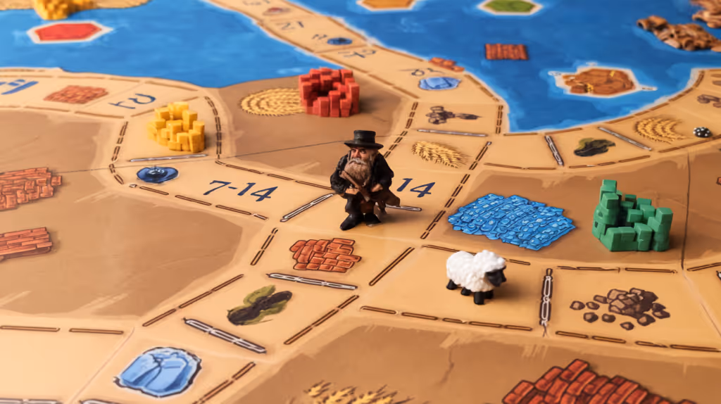 Catan game board with robber and resource cards.