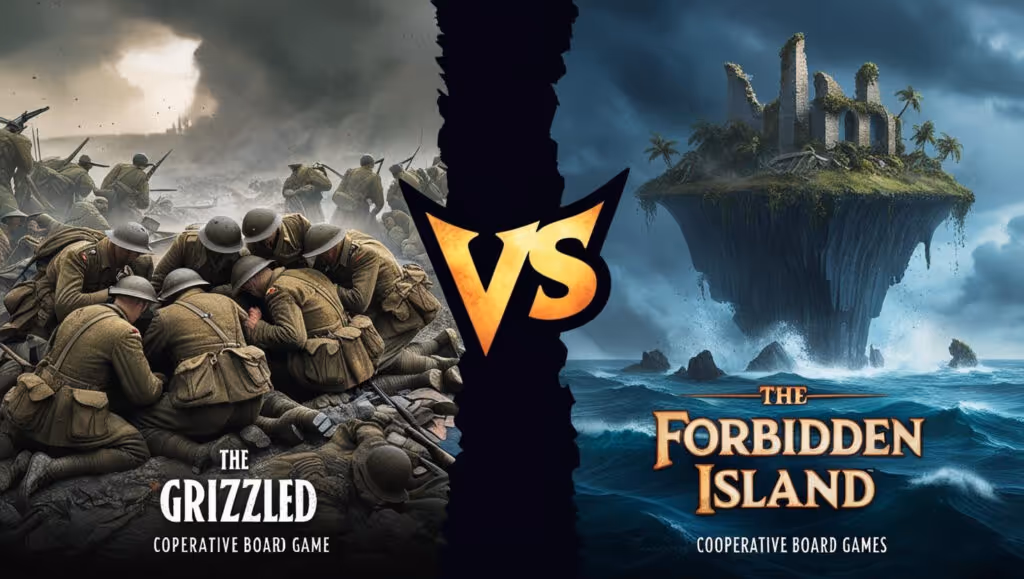 Comparison image of two cooperative board games: The Grizzled and Forbidden Island