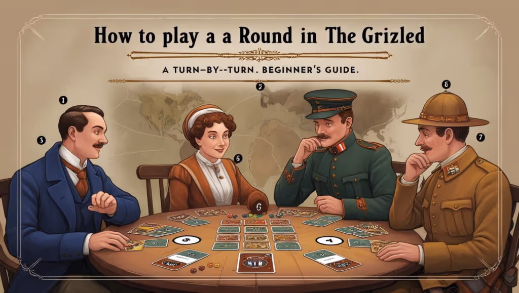 Illustration of four players around a table with cards, demonstrating how to play a round in The Grizzled