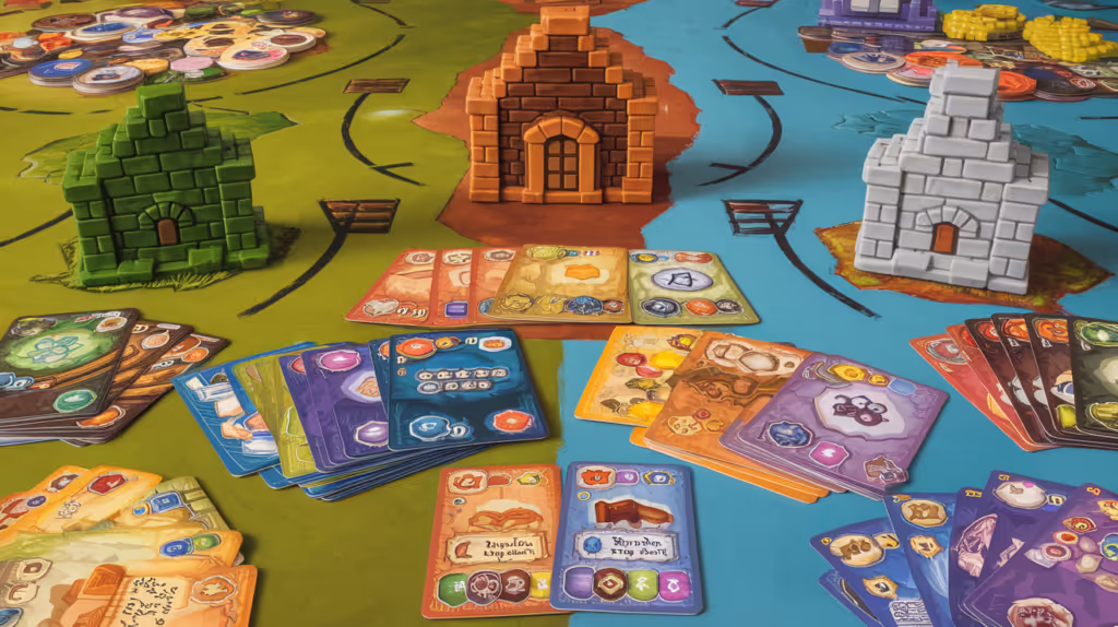 Fan art illustration of a Catan board game featuring settlements, cities, and various resource cards.