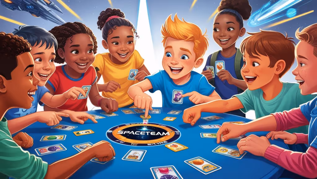 Group of kids playing Spaceteam card game, pointing at cards