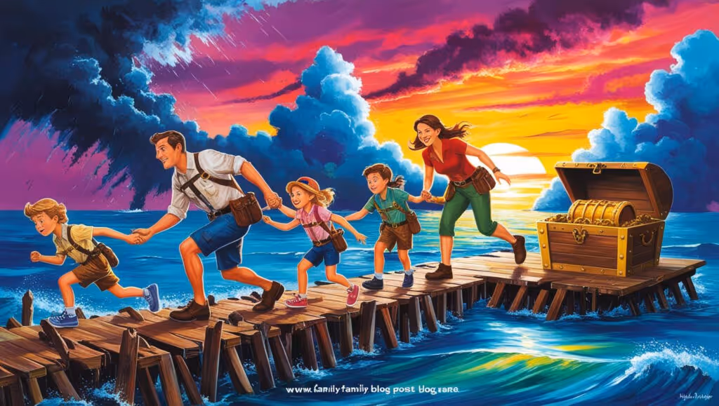Illustration of a family working together to reach a treasure chest, symbolizing teamwork and adventure in the Forbidden Island board game