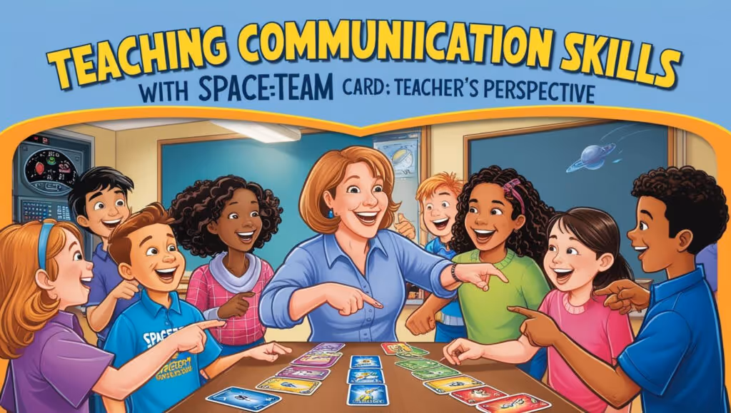 A group of students and a teacher playing the Spaceteam card game in a classroom setting