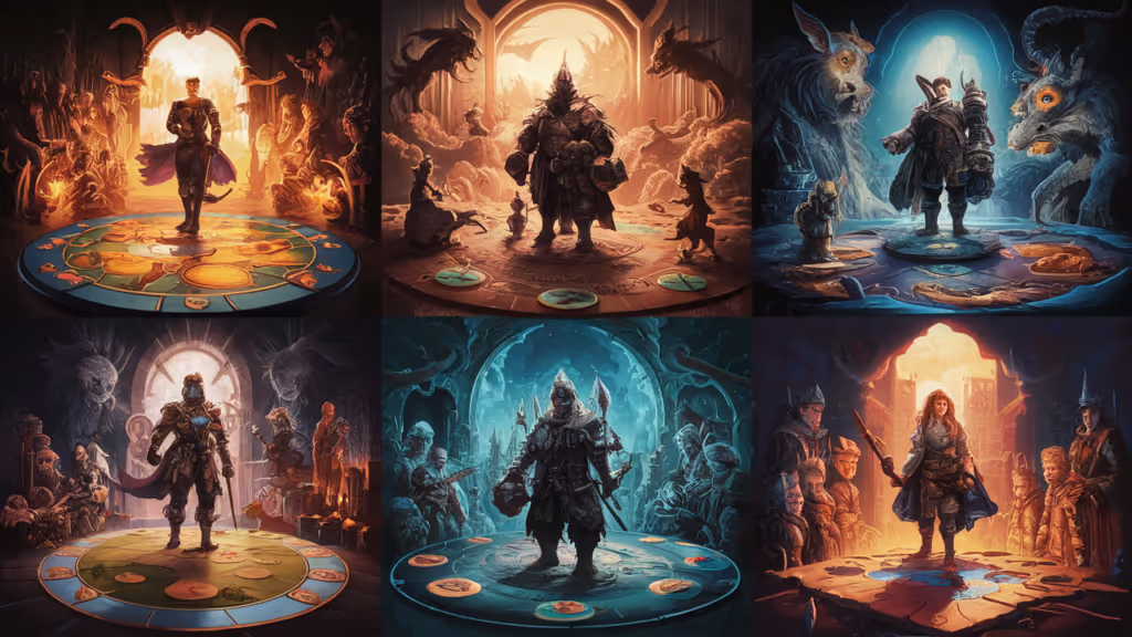 Six illustrated solo adventurers exploring board game worlds.