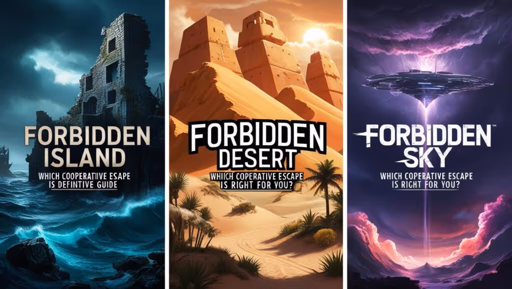 Forbidden Island vs. Forbidden Desert vs. Forbidden Sky: Which Cooperative Escape is Right for You? Definitive Guide. Image shows three different adventure settings: a stormy island, a sunny desert, and a cosmic sky with a spaceship