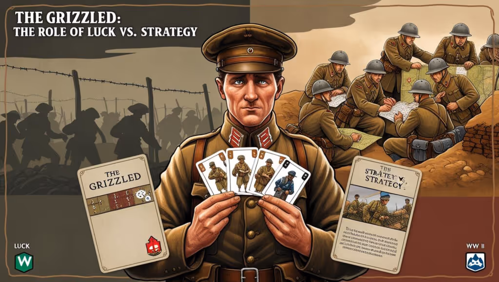 Illustration of a World War I soldier holding playing cards, with other soldiers strategizing in the background. Text reads: 'The Grizzled: The Role of Luck vs. Strategy.'