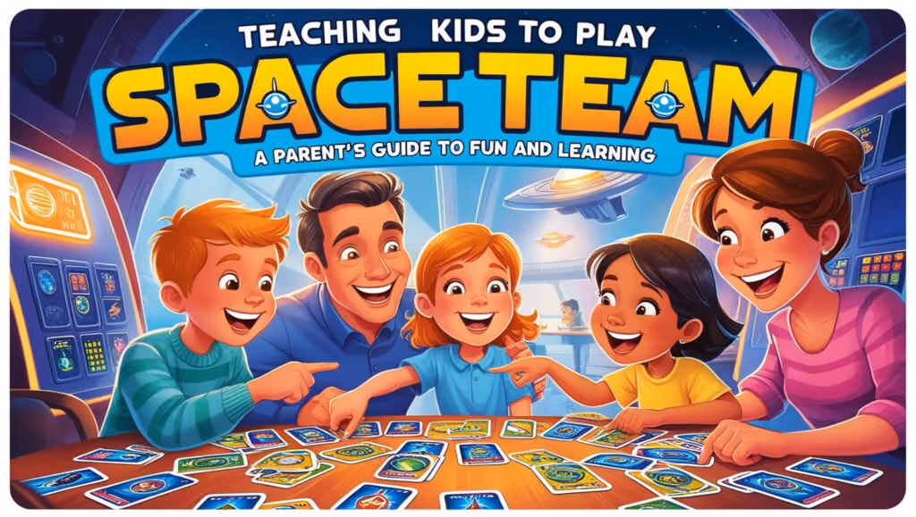 A family playing the Spaceteam card game together and teaching kids the rules