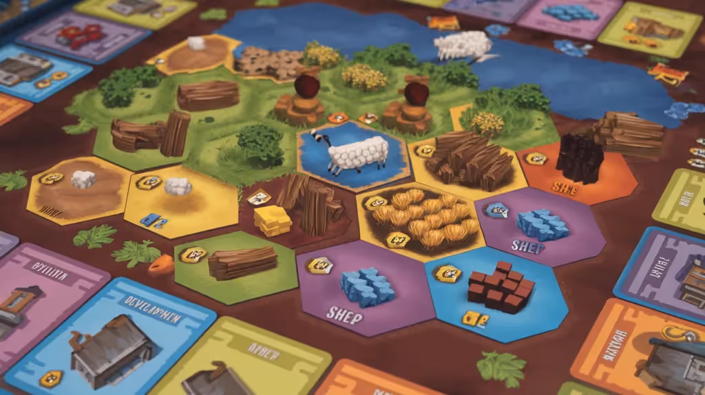 Catan board game setup with hexagonal tiles, resources, and development cards