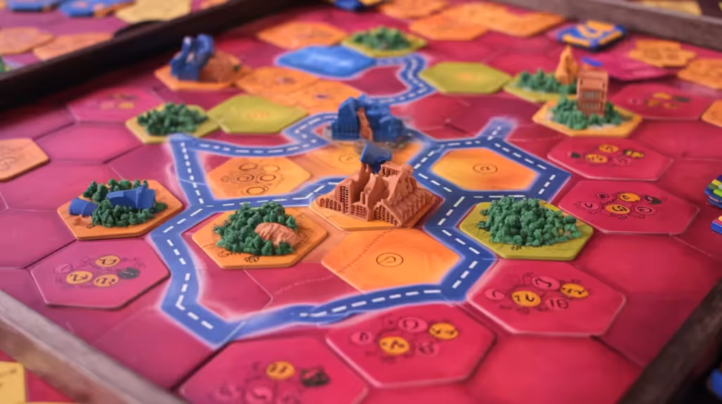 Catan game board with settlements and roads