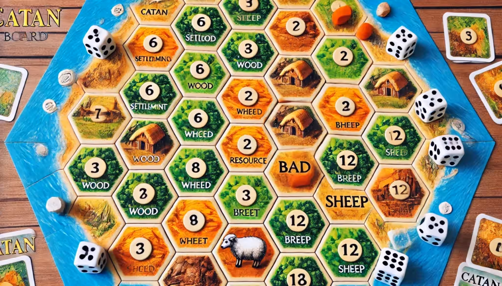 Catan board with two marked settlements; one good (on a 6, 8, and 9 with a variety of resources) and one bad (on a 2, 3, and 12 with all the same resources)