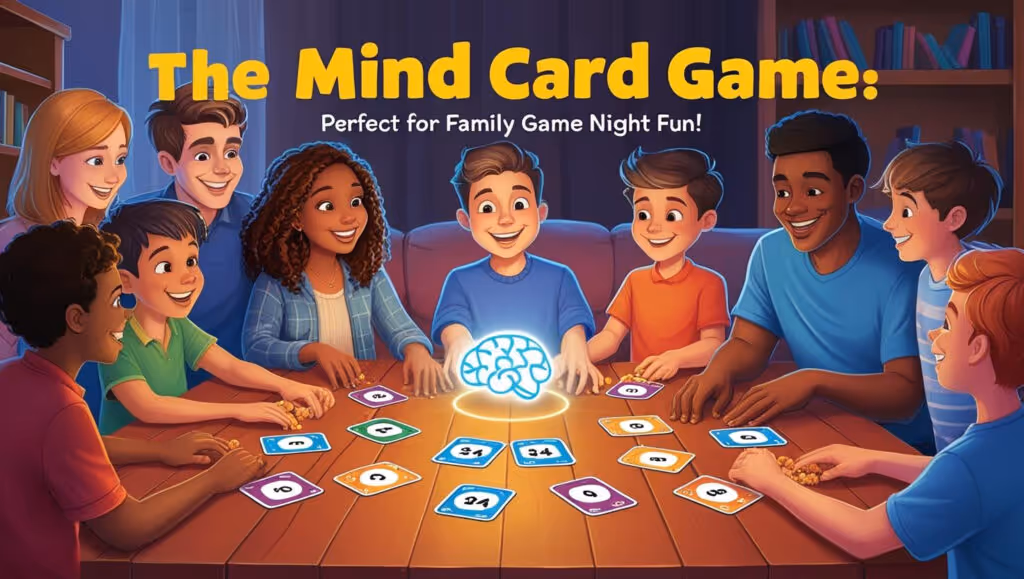 Family gathered around a table playing The Mind Card Game with numbered cards and a glowing brain icon.