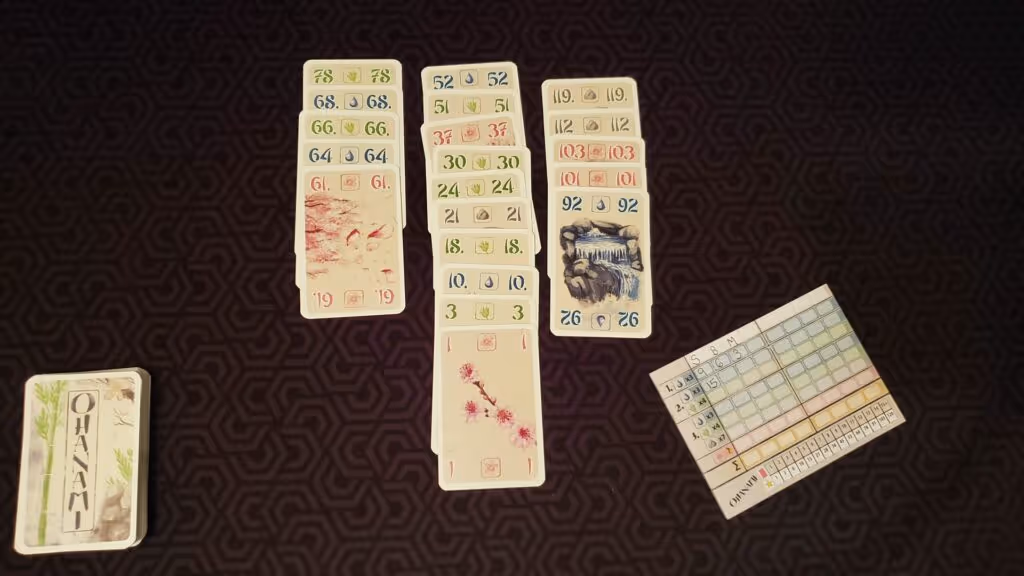 Ohanami card game in progress with three stacks of numbered cards, a scoring sheet, and a deck of cards on a patterned background.