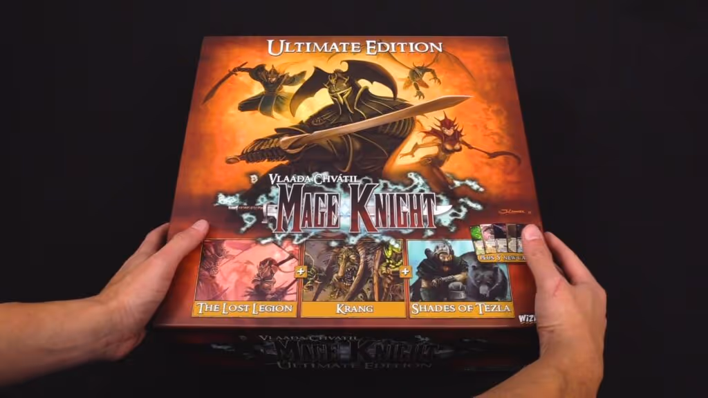The Mage Knight Ultimate Edition box, a solo exploration and deck-building game.