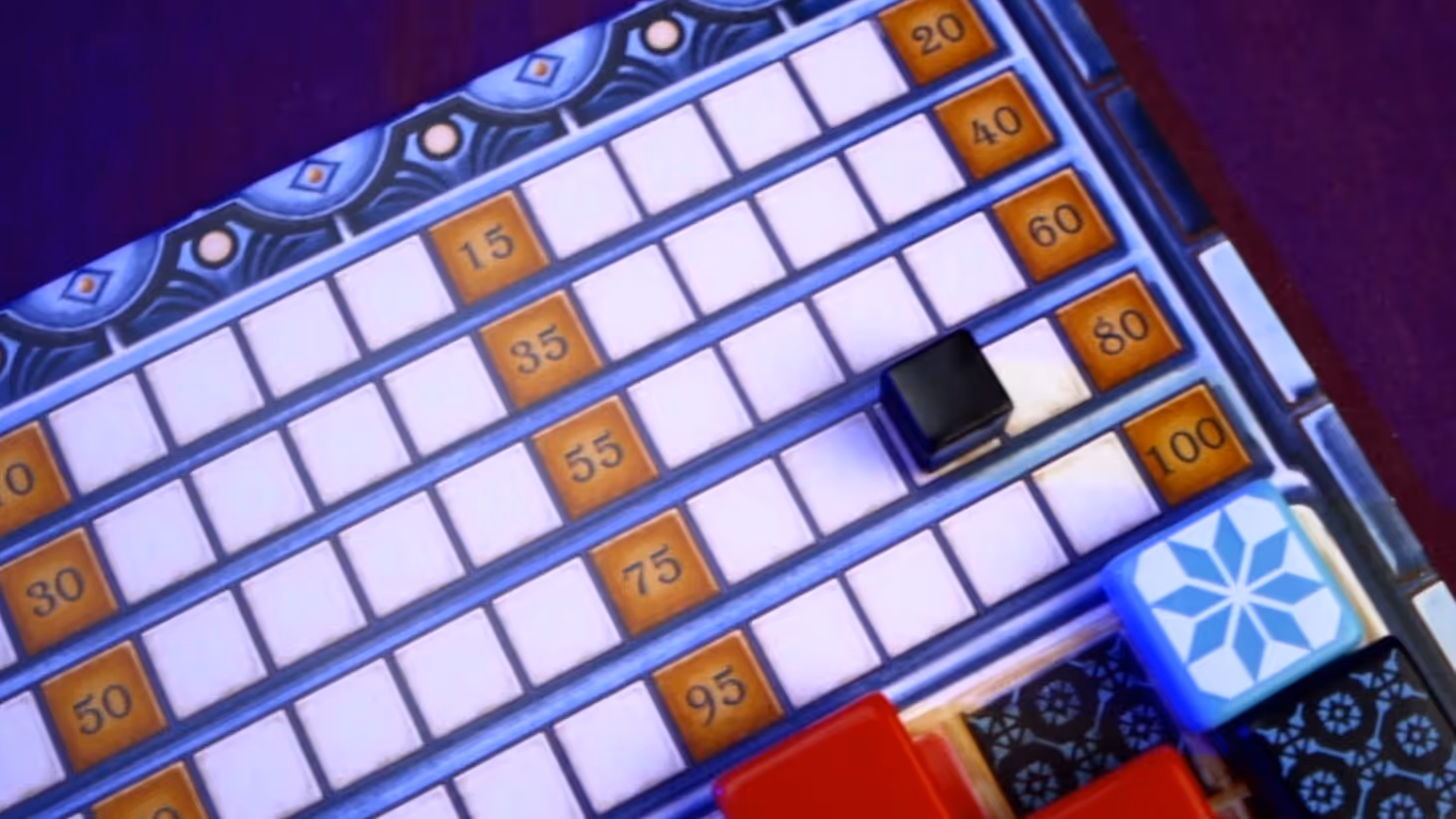 Close-up of an Azul player board showing the score track, the five pattern lines, and the colored wall