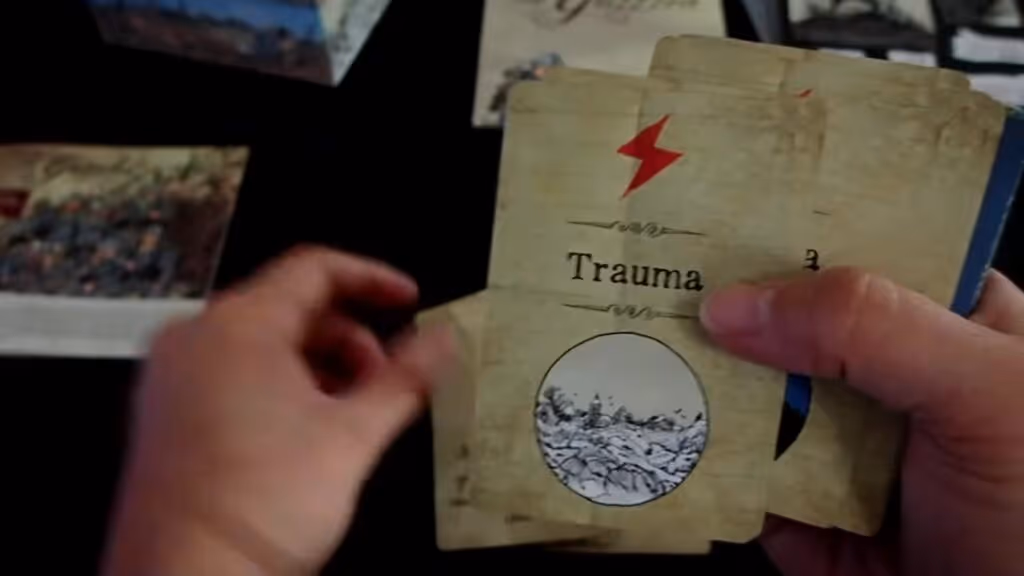 blue card with barbed wire art and two trauma cards with lightning bolt symbols and war-themed illustrations from the board game "The Grizzled."