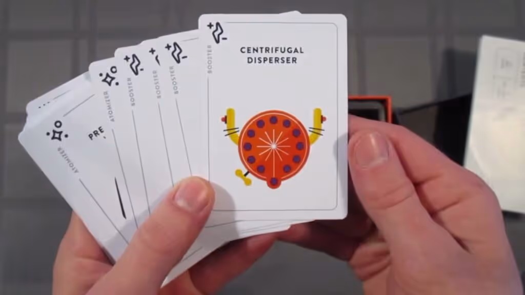 Spaceteam card game cards, including 'Arcball Pendulum' and other tool cards.