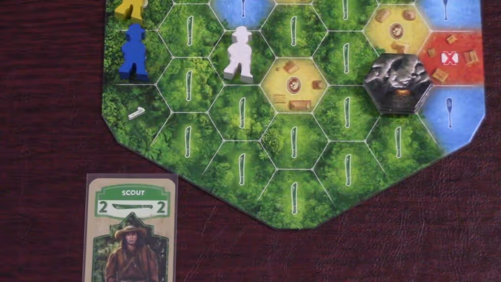 The Quest for El Dorado game board with Scout card and character tokens on hexagonal terrain tiles.