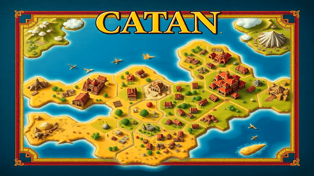 Catan board game map featuring hex tiles, player settlements, cities, roads, and a robber piece.
