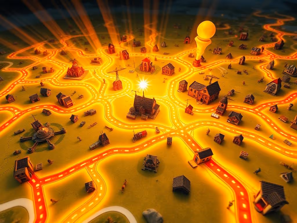 Catan fan art with glowing roads and settlements lit by an otherworldly light