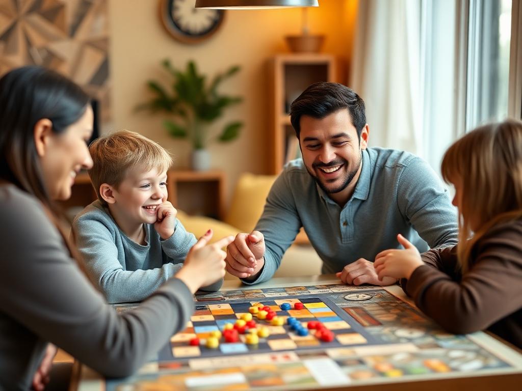 Family demonstrating good sportsmanship while playing board games together, showing positive emotional reactions