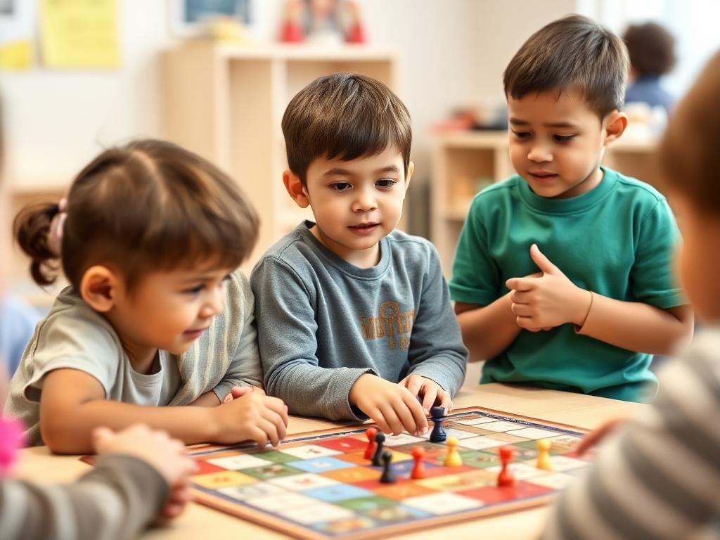 Children showing positive engagement and patience while waiting for their turn during board game play