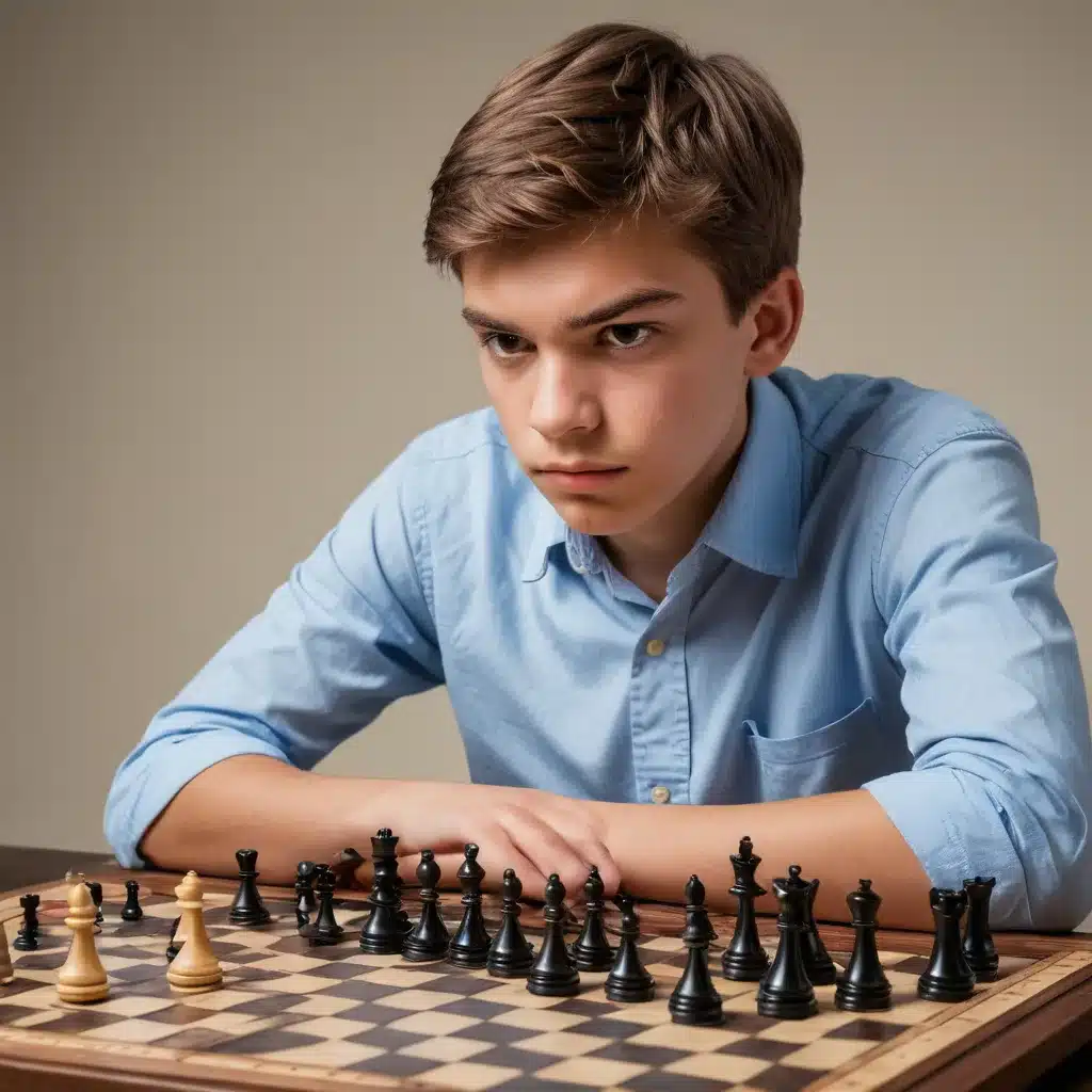 A teen focused on a game of Chess, strategically placing a piece on the board. Show the intense, thoughtful expression, with the chessboard set against a simple background.