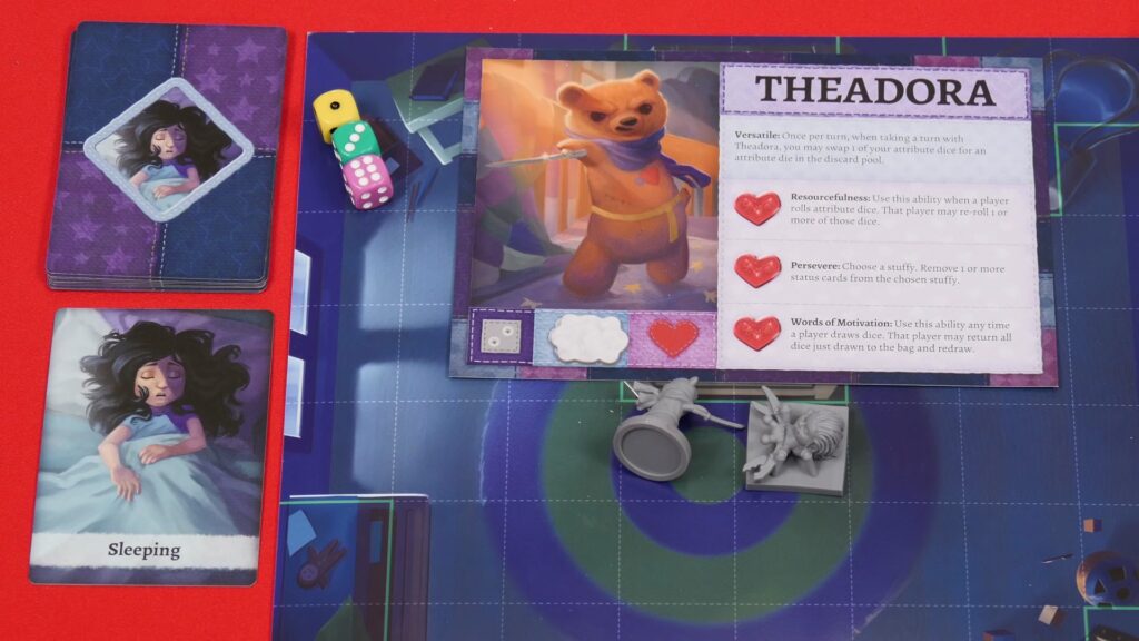 Stuffed Fables board setup showing colorful character figures, storybook game board, dice, and adventure cards arranged for play