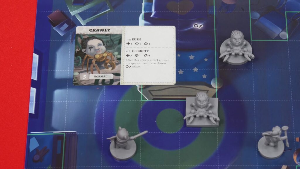 Complete Stuffed Fables game setup showing the storybook board, colorful dice, stuffed animal miniatures, and cards arranged for play