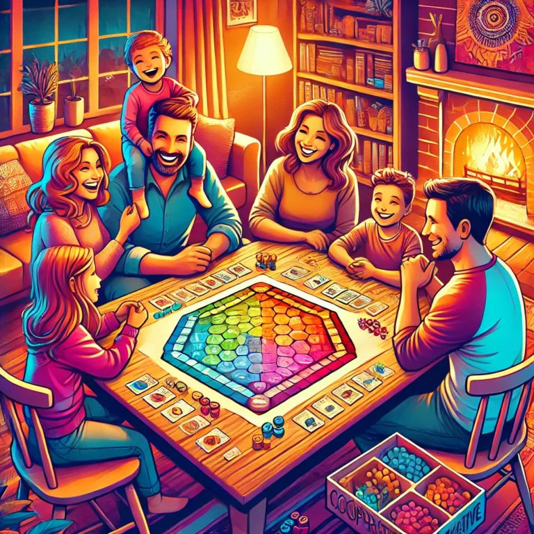 A cheerful family sitting around a table, engaged in a board game, with a cozy living room setting and warm lighting.