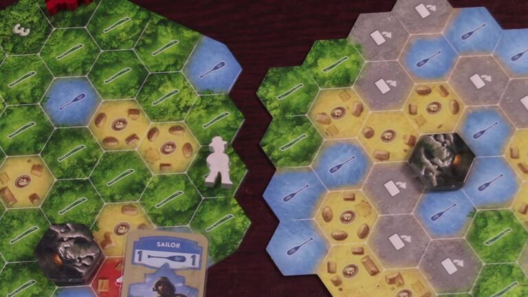 Game board of The Quest for El Dorado with hexagonal terrain tiles and character tokens.