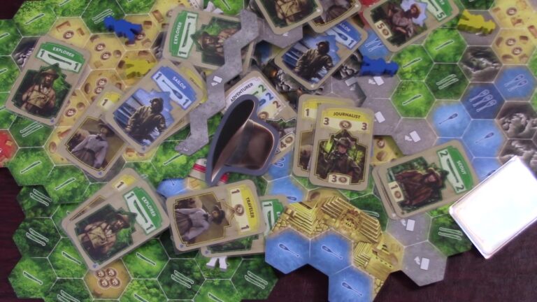 Character cards and game board of The Quest for El Dorado, featuring various terrain tiles and tokens.