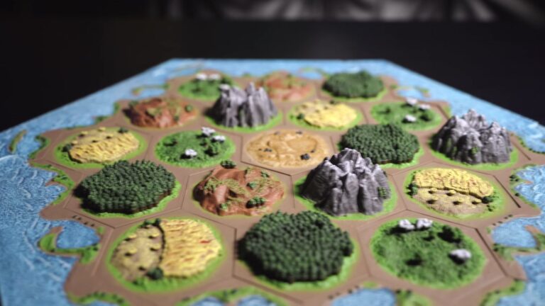 An overhead view of a well-developed Catan board, showcasing an advanced strategy with an efficient road network and a balanced distribution of settlements and cities.