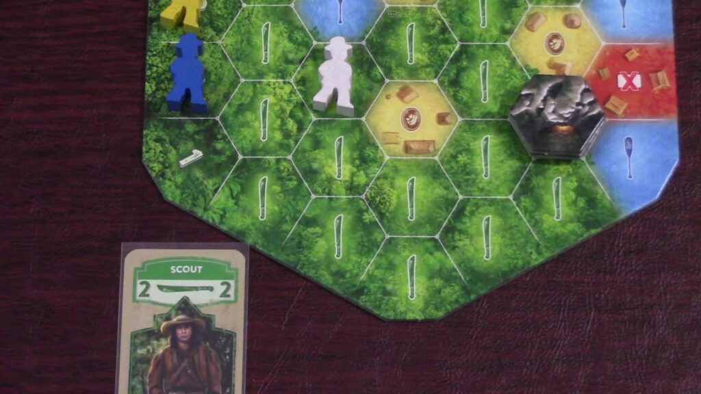 The Quest for El Dorado game board with Scout card and character tokens on hexagonal terrain tiles.