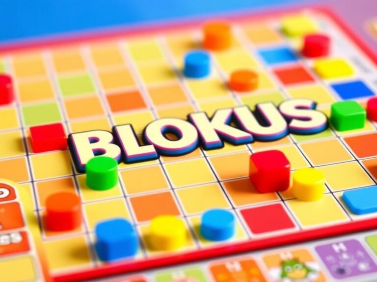 A close-up image of a Blokus game in progress, showing the strategic placement of colorful pieces on the board