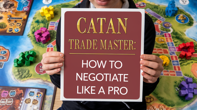 Fan art image of a Catan board game with a sign reading 'Catan Trade Master: How to Negotiate Like a Pro'