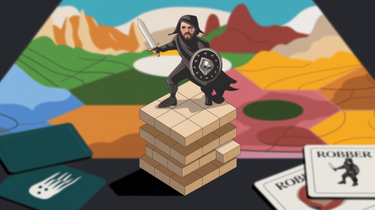 Illustration of a knight standing on a stack of blocks with a Catan game board in the background