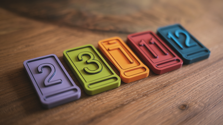 Catan number tokens on a wooden surface