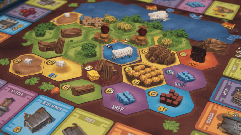 Catan board game setup with hexagonal tiles, resources, and development cards