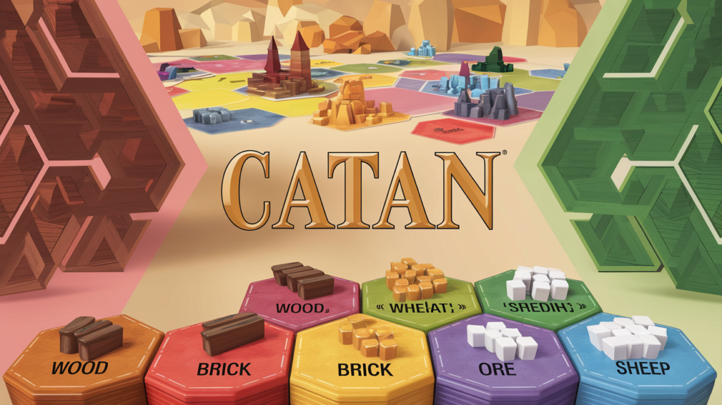 A colorful Catan board game layout with hexagonal tiles featuring resources like wood, brick, wheat, ore, and sheep,