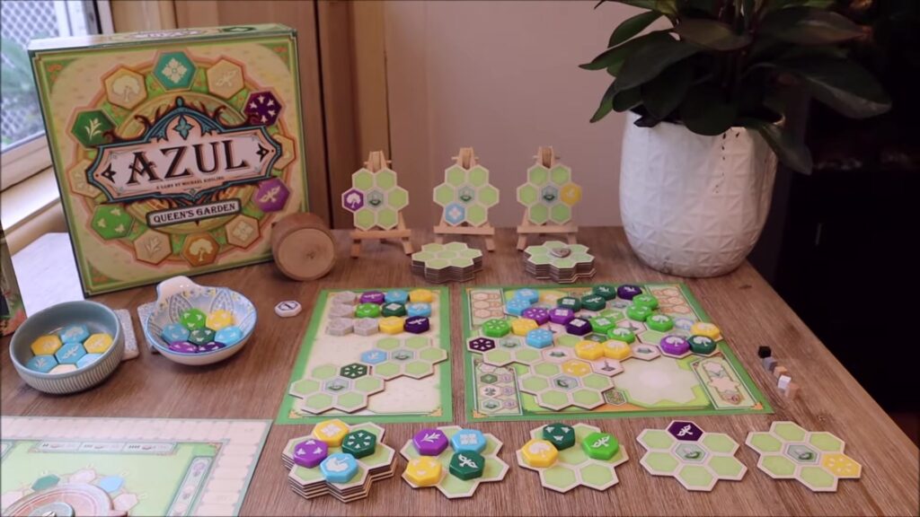 Board game setup with tiles and components.