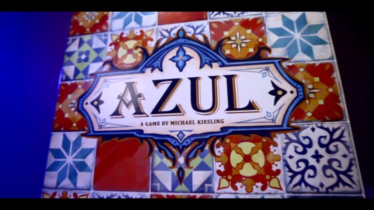Azul board game cover showing colorful tiles and decorative text reading 'Azul, a game by Michael Kiesling
