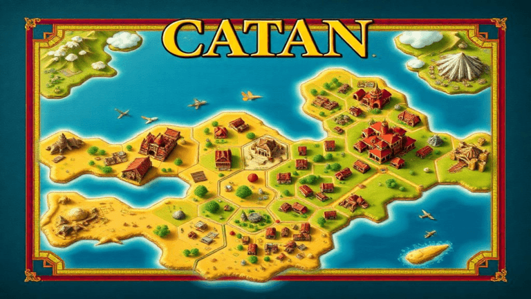 Catan board game map featuring hex tiles, player settlements, cities, roads, and a robber piece.