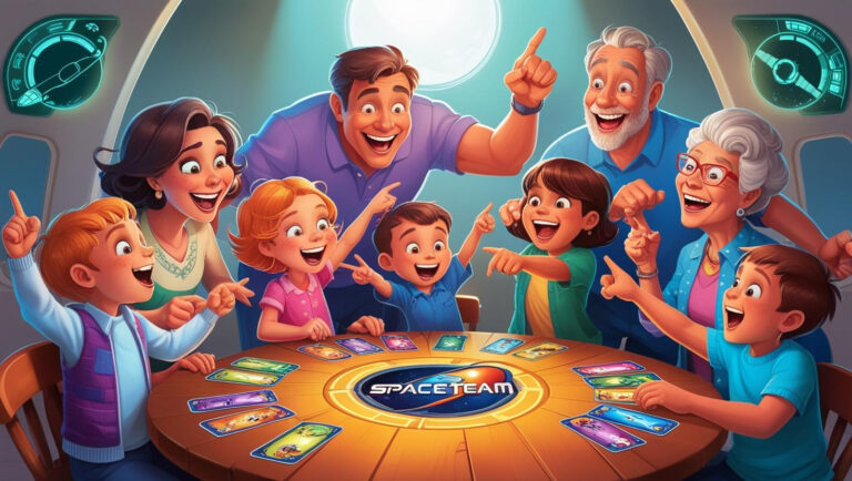 Family playing Spaceteam card game together, pointing at cards