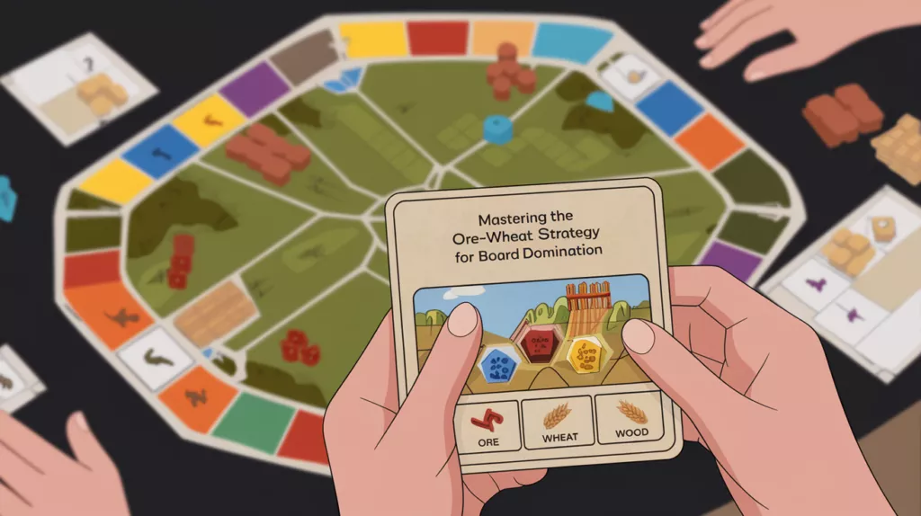 Illustration of a Catan board game with a focus on resource cards: ore, wheat, and wood.