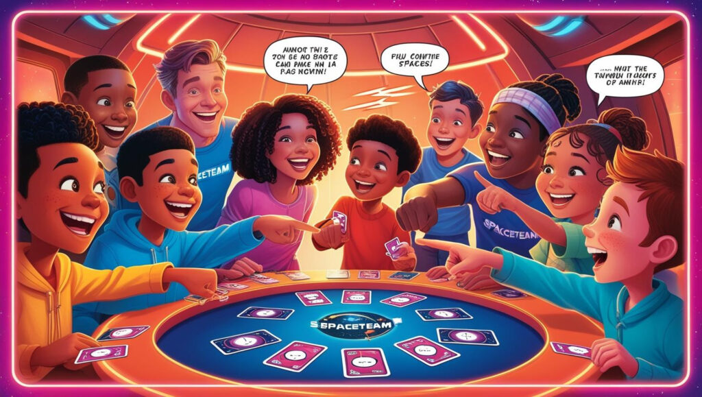Kids playing Spaceteam card game on a spaceship table
