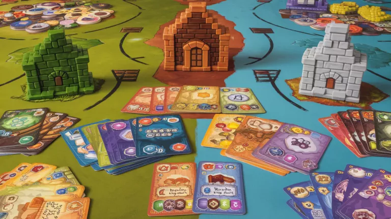 Fan art illustration of a Catan board game featuring settlements, cities, and various resource cards.