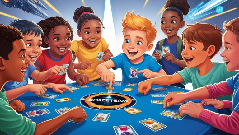 Group of kids playing Spaceteam card game, pointing at cards