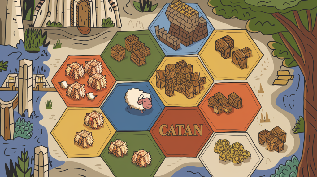 Catan fan art illustration featuring various resource tiles and a sheep token.