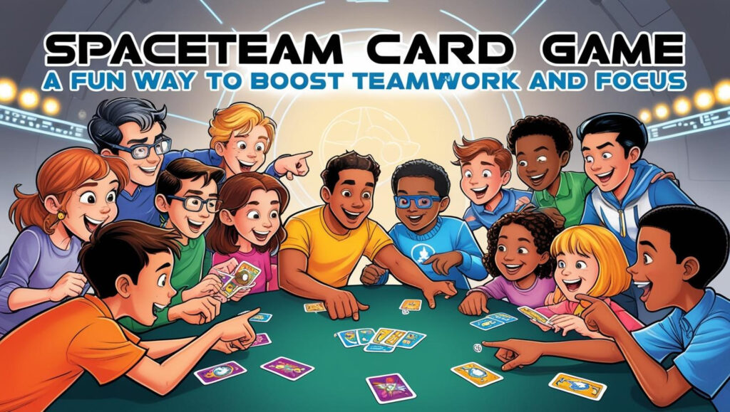 Teenagers playing Spaceteam card game, pointing and smiling.