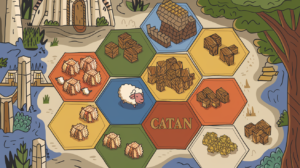Catan fan art illustration featuring various resource tiles and a sheep token.